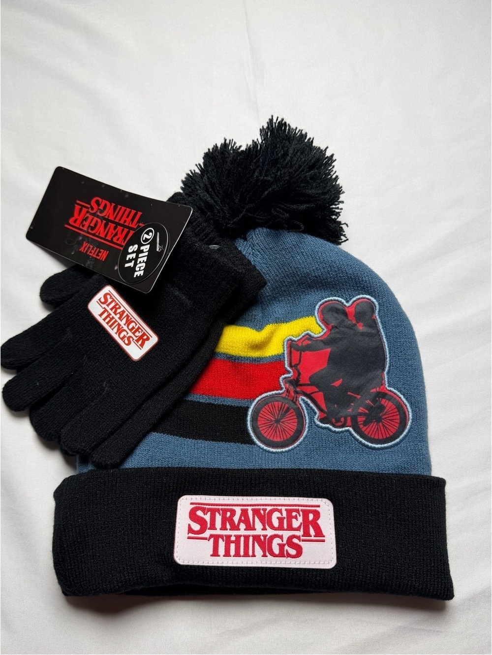 Stranger Things Winter Hat and Gloves Set with Pom Pom and Bicycle Design